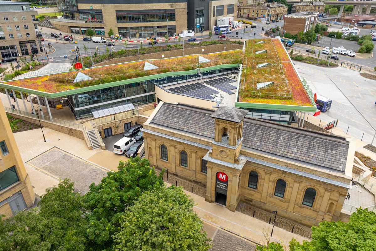 An aerial view of Halifax bus station showing the green roof