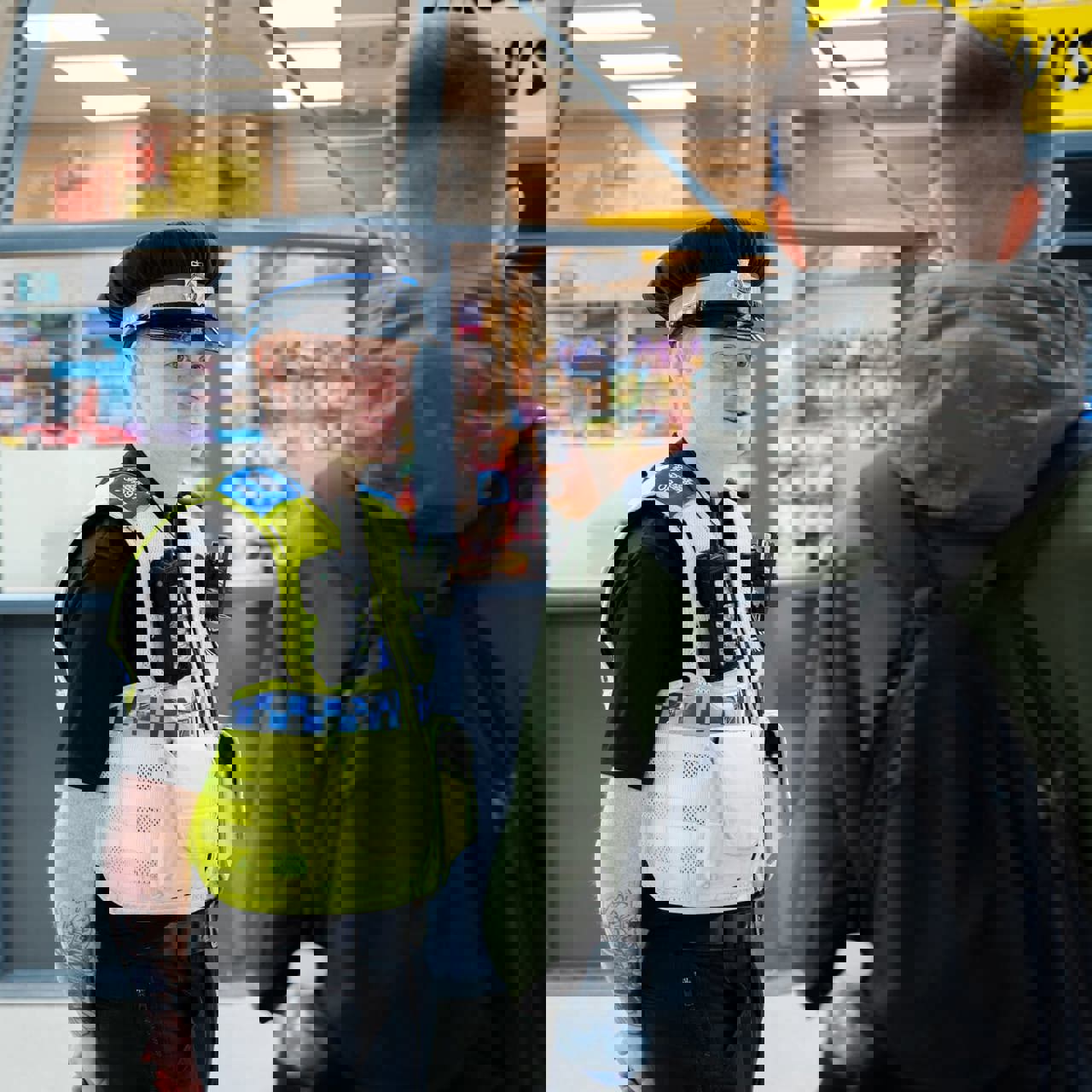 Uniformed police officer speaking to a member of public