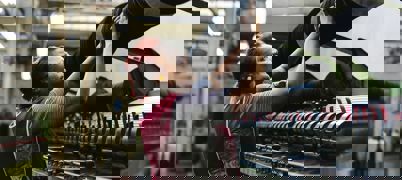 A woman weaving fabric on a machine