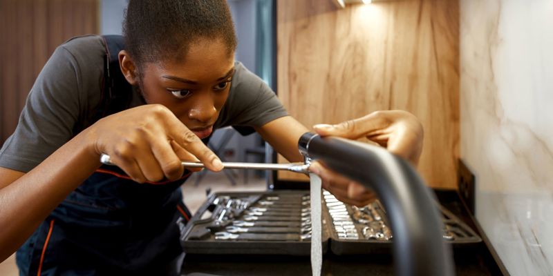 Young female plumber working on a tap