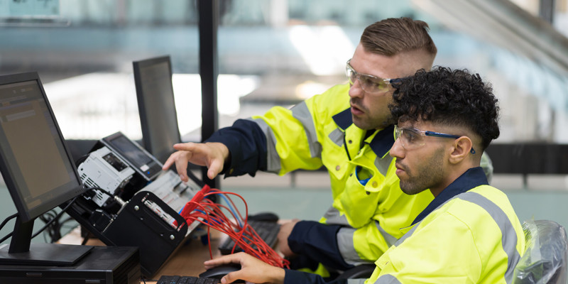 Technicians Working At Desk Stock