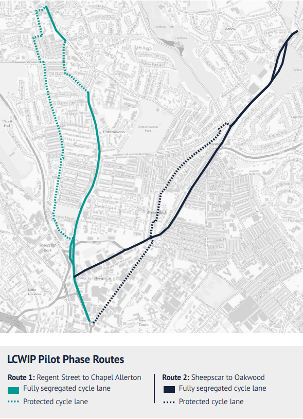 A map highlighting two proposed cycle routes in north east Leeds