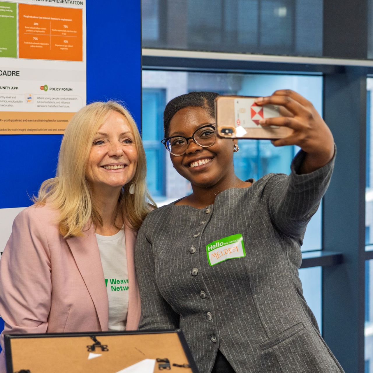 Mayor Tracy Brabin posing for a selfie with a finalist from the Mayor's Big Ideas Challenge For Young People