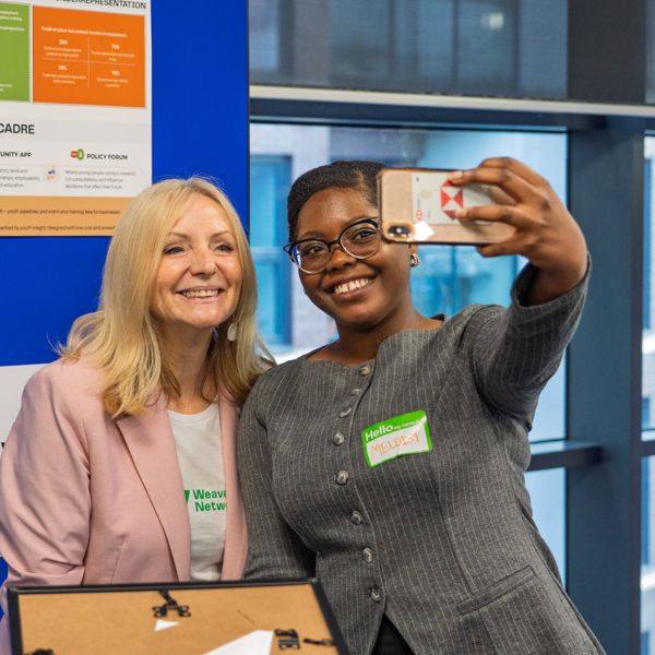 Mayor Tracy Brabin posing for a selfie with a finalist from the Mayor's Big Ideas Challenge For Young People