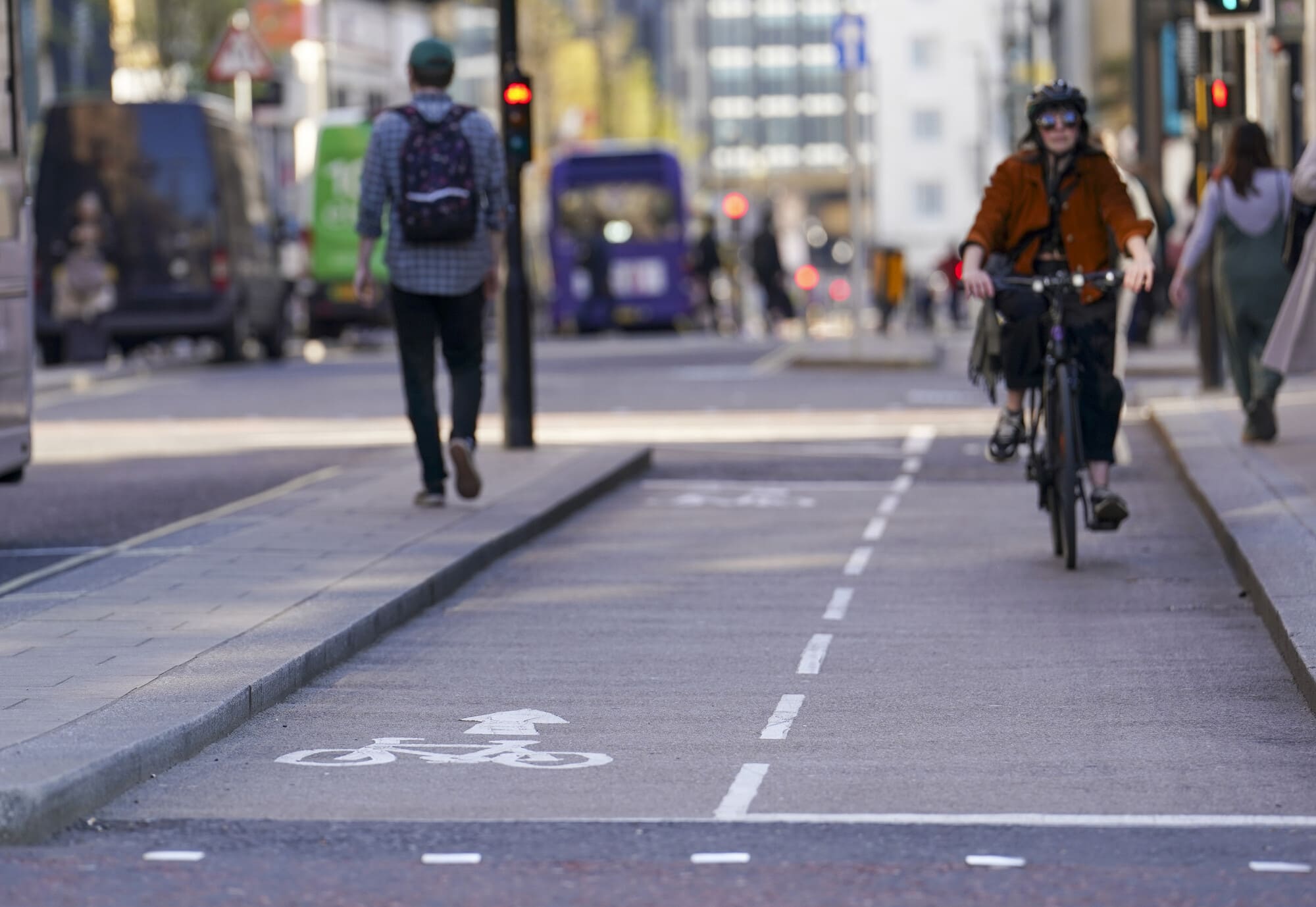 Cyclist using cycle path in Leeds