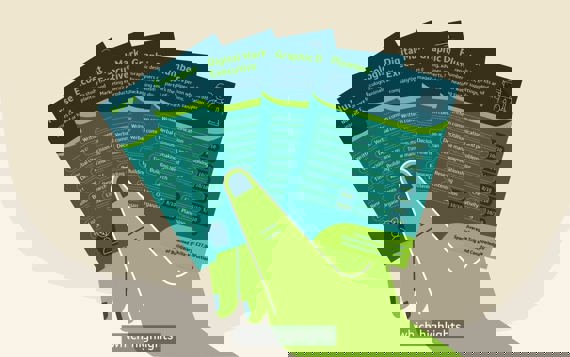 Illustrated hand holding cards with job title and role information written on them 