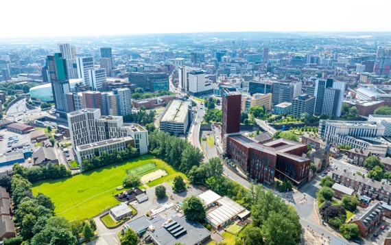 An aerial view of Woodhouse Lane area in Leeds