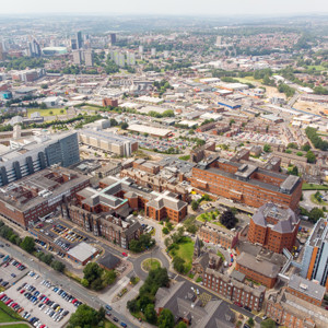 Aerial photo of Leeds including the St. James's University Hospital