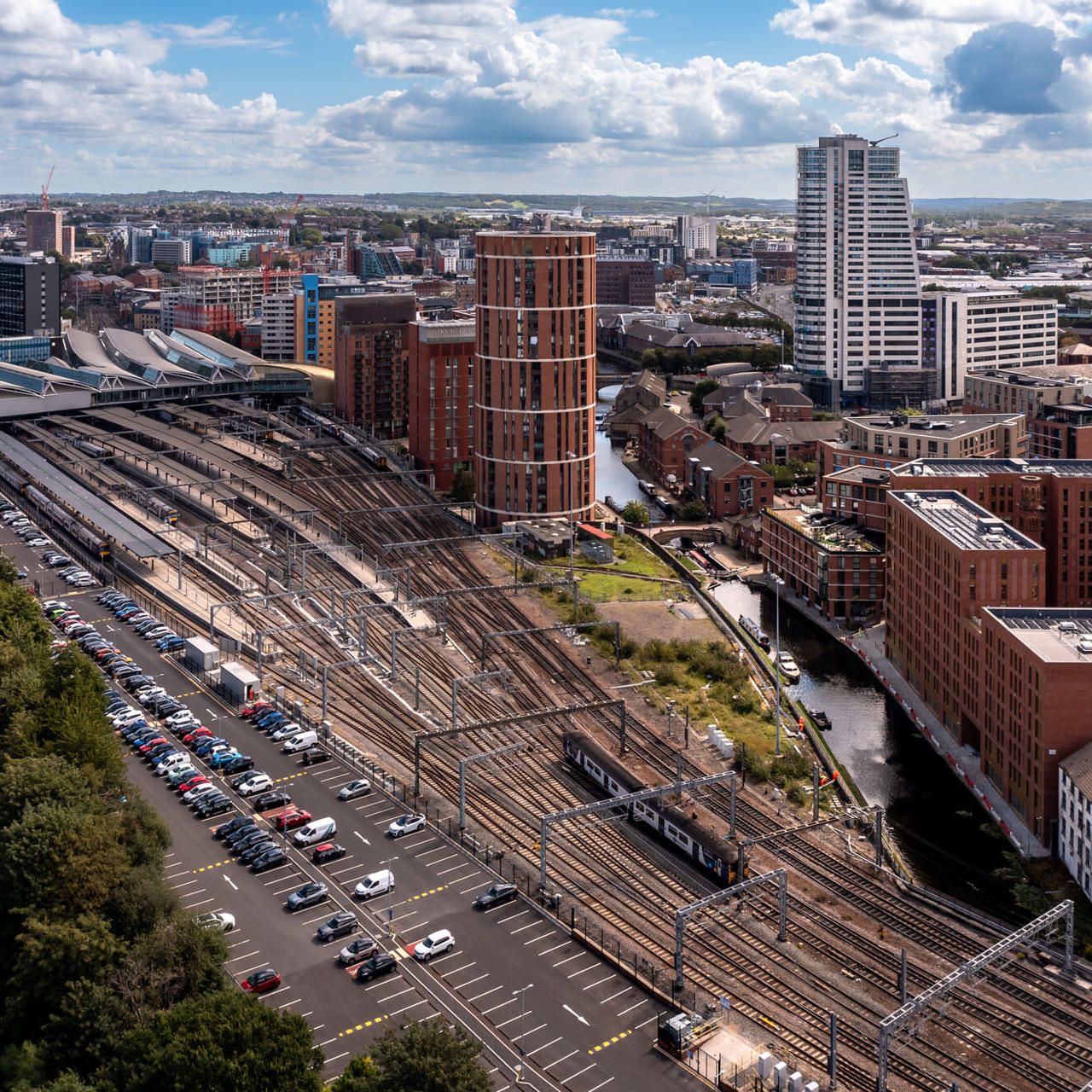 Aerial image of Leeds Rail Station and Granary Wharf
