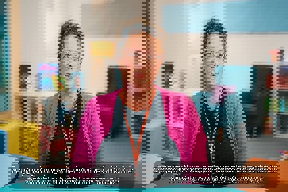 Still from SEND employer toolkit video. Text reads: engaging with young special educational needs and disabilities students helps us to hopefully inspire people